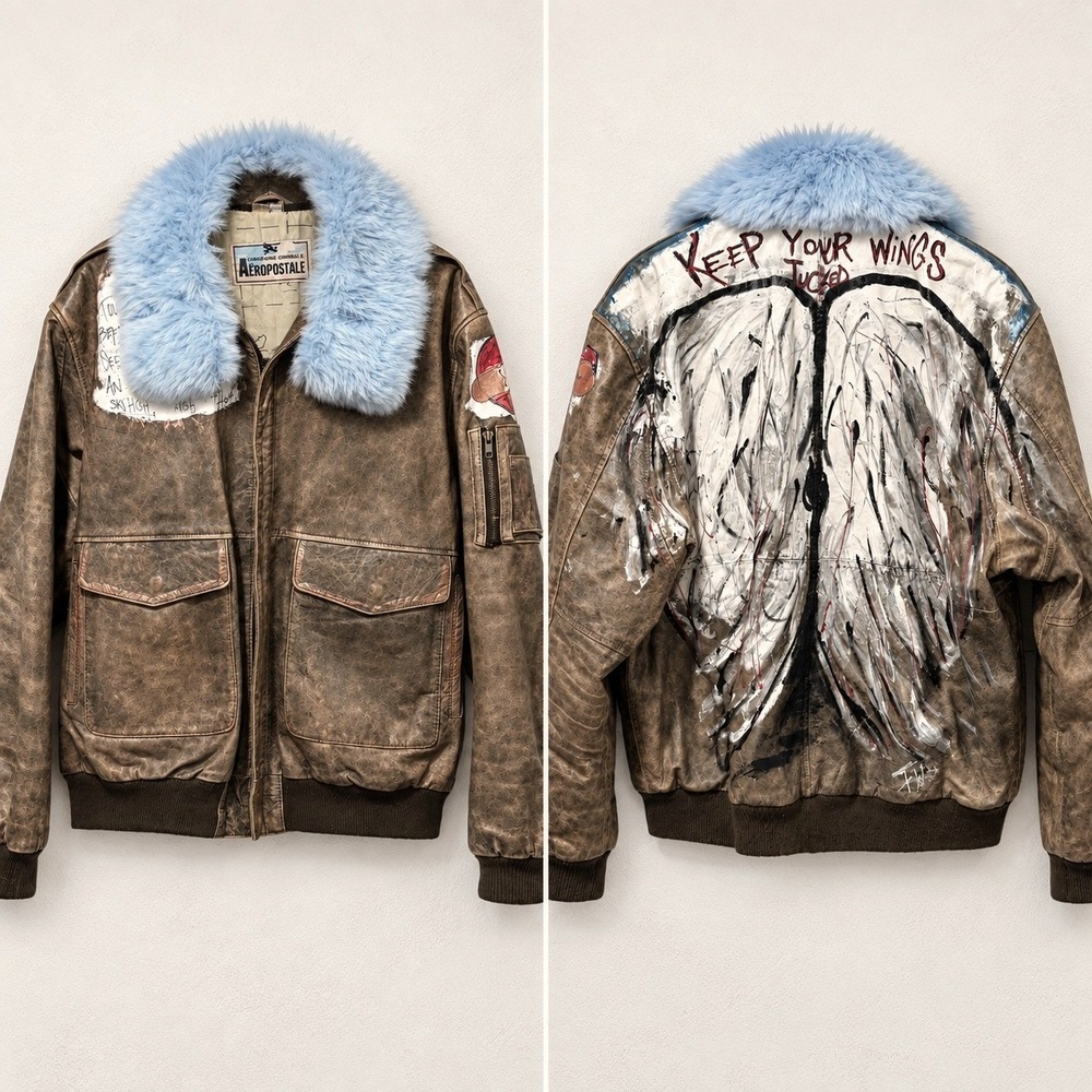 Vintage Aeropostale Men Hand Painted Leather Bomber 46L Angel Wings Y2K Punk Alt